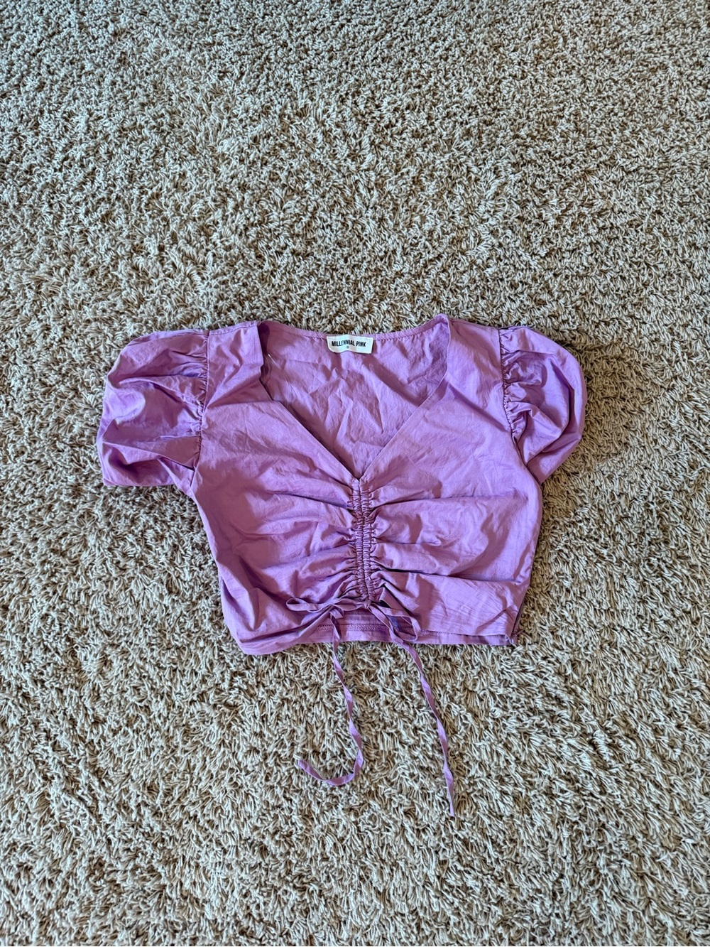 Lavender Ruched V-Neck Puff Sleeve Crop Top